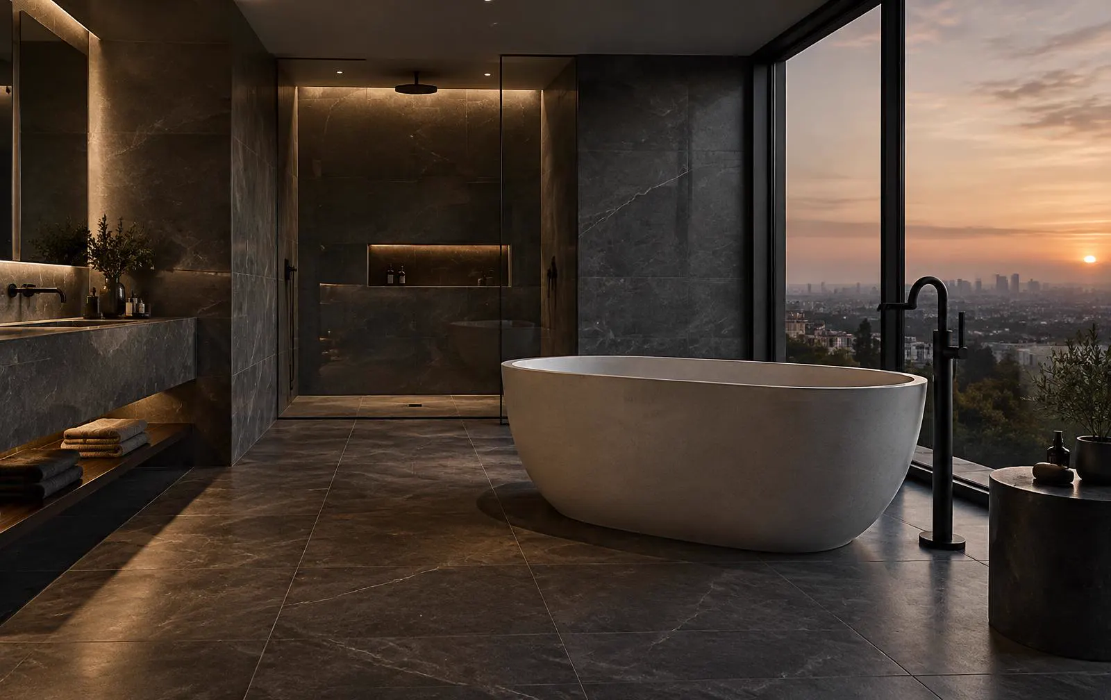 Modern bathroom with freestanding stone bath, black floor-mounted mixer and walk-in shower