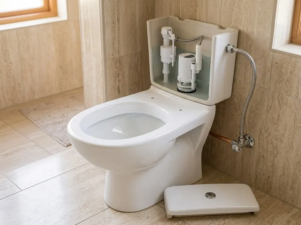 Toilet with the cistern open showing its mechanism and the braided supply hose to the wall valve