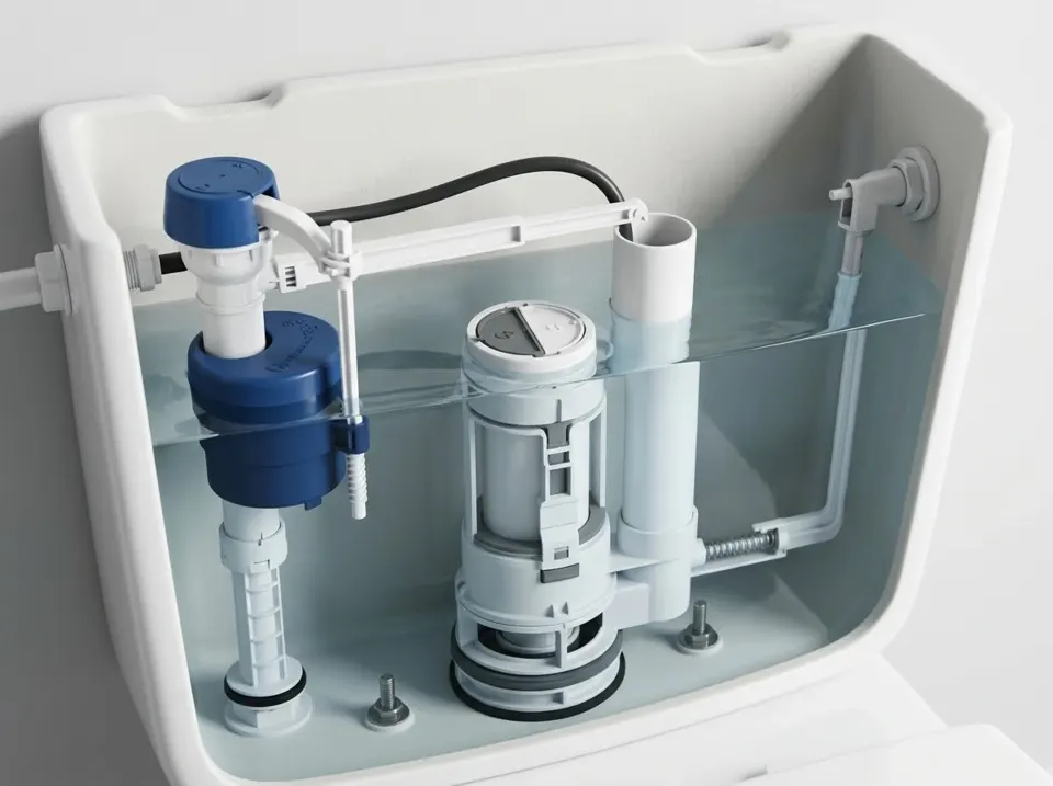 Cutaway of a cistern showing the fill valve, float and overflow tube above the water line