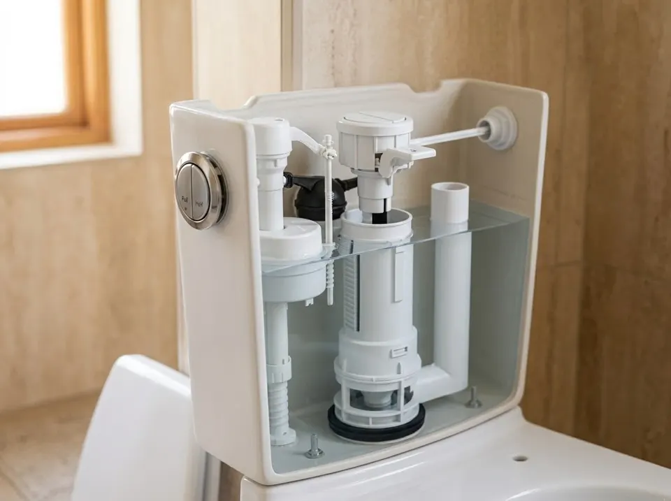 Open cistern showing the push-button flush mechanism linked to the flush valve