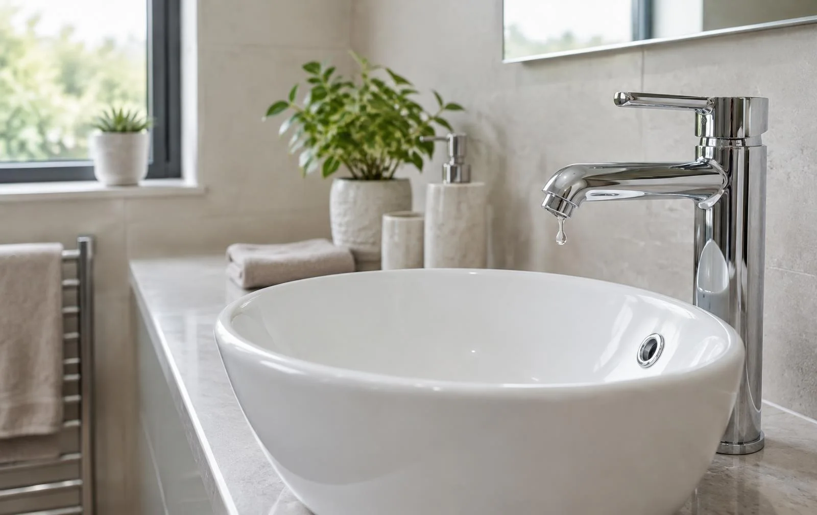 Chrome basin mixer with a droplet at its spout above a white basin on a stone counter