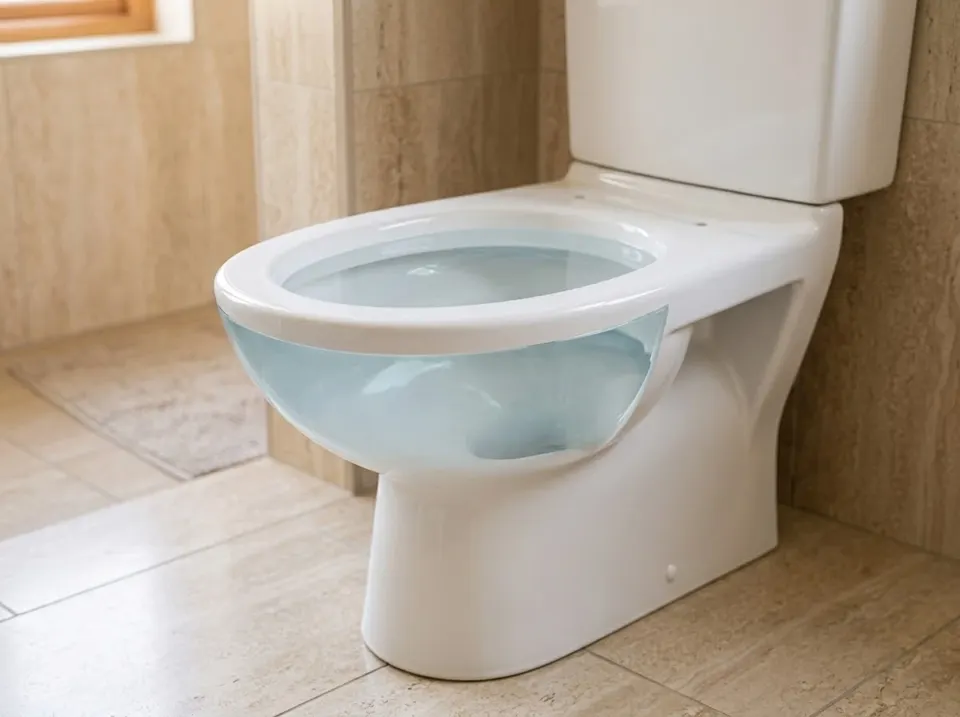 Toilet bowl with water sitting unusually high, close to the rim