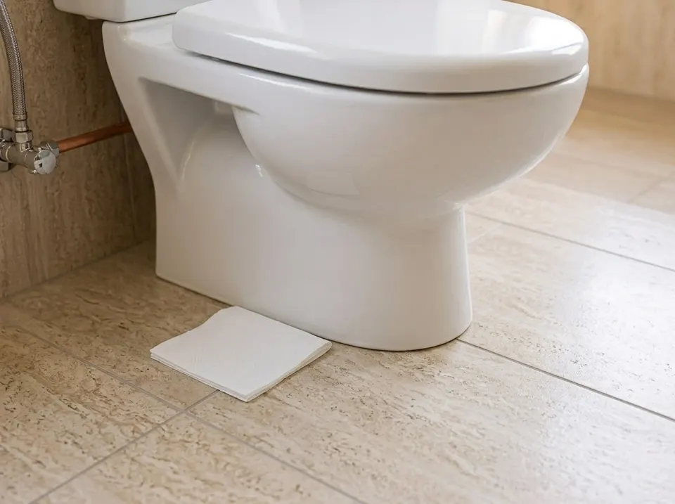 Folded paper towel on dry tiles beside a toilet base, used to check for returning moisture