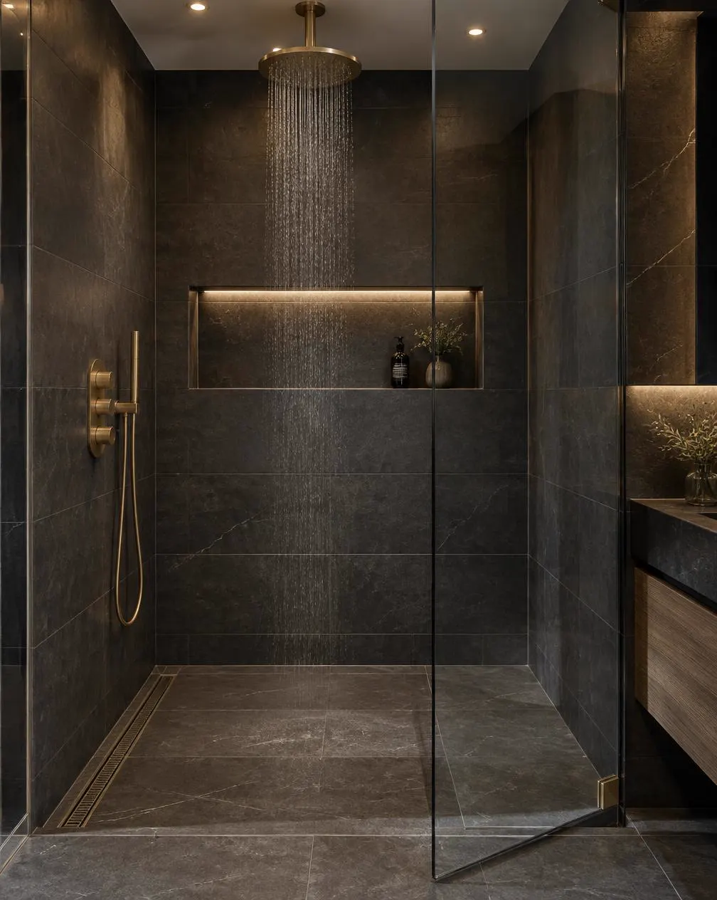 Walk-in frameless shower with ceiling rainfall head and brass mixer