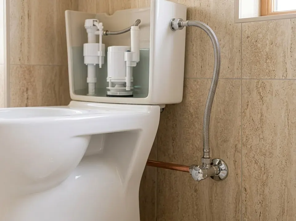 Braided flexible connector running from a wall isolation valve to the toilet cistern