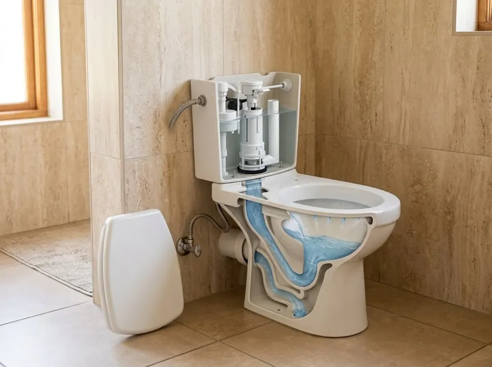 Cutaway of a toilet showing the cistern mechanism and the water path through the pan trap