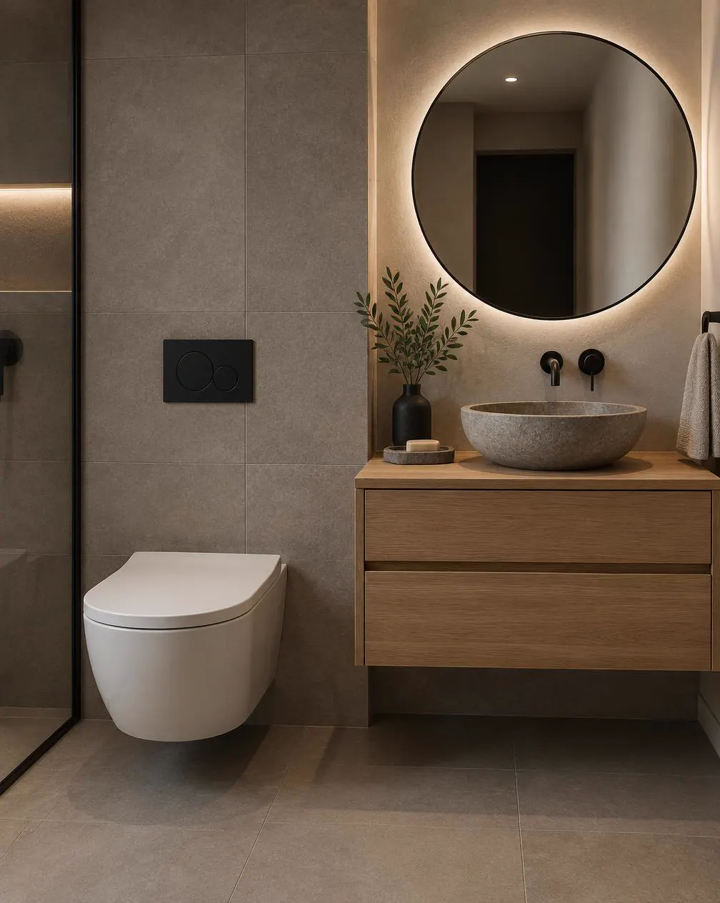Wall-hung toilet with concealed cistern beside a floating vanity and stone basin
