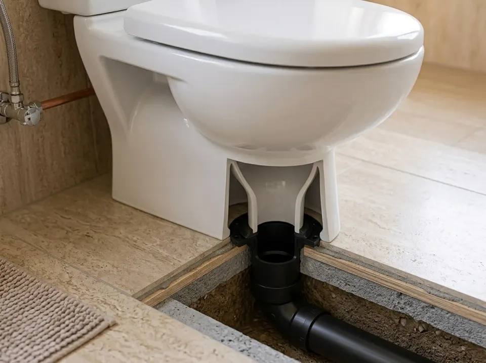 Cutaway beneath a toilet showing the pan outlet connecting to the waste pipe below the floor