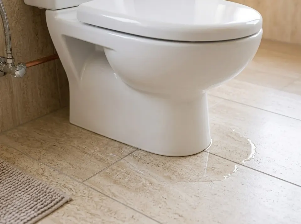 Small pool of water on tiles beside the base of a toilet pan